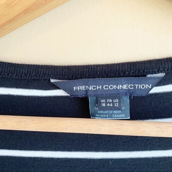 FRENCH CONNECTION black stripe jersey dress scoop neckline 3/4 sleeve RELISTED - Picture 4 of 9